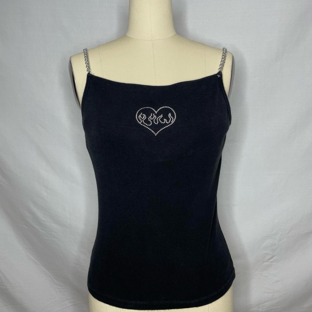 Flaming heart bedazzled black tank top with chain straps and built in cami layer